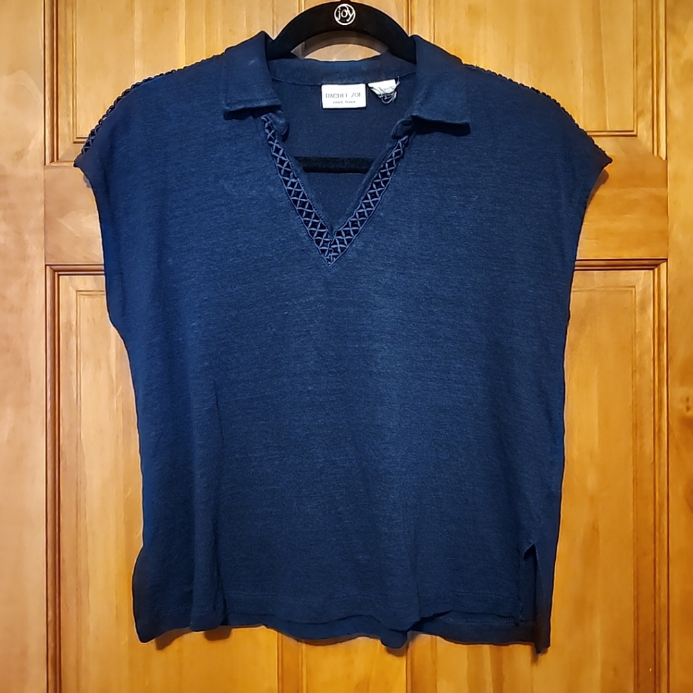 Rachel Zoe Woman's Sz M 100% linen navy blue shirt, Crocheted accents Mint!